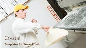  Presentation with pastry chef - Slide set consisting of one chef baker in white uniform juggling with bakery pastry for pizza at kitchen background and a lemonade colored foreground