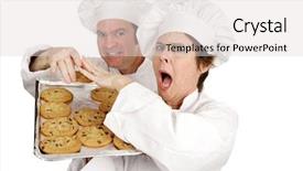  Presentation with cook chef - Colorful slides enhanced with one chef upset because she caught another cook stealing her cookies isolated on white backdrop and a lemonade colored foreground