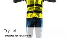  Presentation with worker safety - PPT layouts consisting of one construction worker signaling stop gesture with safety vest isolated in white background background and a white colored foreground