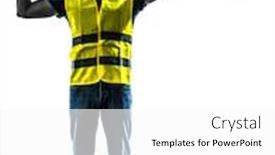  Presentation with worker safety - Presentation design having one construction worker signaling with safety vest silhouette isolated in white background background and a white colored foreground
