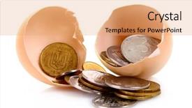  Presentation with hen - Presentation enhanced with one cracked hen's egg and ukrainian coins isolated on white background and a coral colored foreground