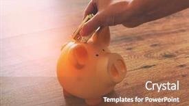  Presentation with hand cute dolls and toy - Slide set with one dollar banknote into piggy background and a red colored foreground