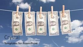  Presentation with blue line - PPT theme enhanced with one dollar bills hanging on laundry line attached with wooden clips over blue sky background and a teal colored foreground