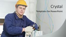  Presentation with electrician - Audience pleasing presentation consisting of one electrician at work laying wiring cable backdrop and a light gray colored foreground