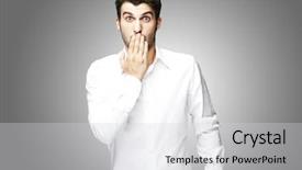  Presentation with mouth jaw bone - Presentation design featuring one eye - portrait of young man covering background and a light gray colored foreground