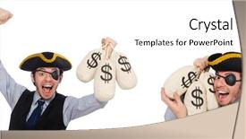  Presentation with scroll paper isolated on white - Colorful presentation enhanced with one-eyed man with moneybags backdrop and a  colored foreground