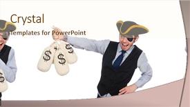  Presentation with doll button eyed - Slide set featuring one-eyed man with moneybags background and a cream colored foreground