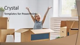  Presentation with boxes - Slide set enhanced with one future - child girl playing with cardboard background and a light gray colored foreground