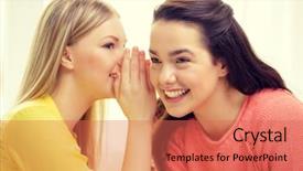  Presentation with happiness - Cool new PPT theme with one girl telling another secret backdrop and a coral colored foreground