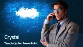  Presentation with blue and yellow phone - Cool new slide set with one global team - person talking on the phone backdrop and a  colored foreground