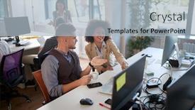  Presentation with business casual - Slides featuring one-male-colleague-explaining background and a light blue colored foreground