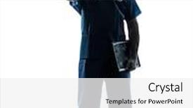  Presentation with medical worker - Presentation theme consisting of one man doctor surgeon medical worker standing full length gesturing handshake silhouette isolated on white background background and a white colored foreground