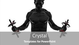  Presentation with body building - Amazing presentation theme having one man topless muscular exercising body building weights training in silhouettes on white background backdrop and a gray colored foreground