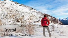  Presentation with lake front - Colorful PPT theme enhanced with one man young male hiker stands in front of a alpine lake looking to the snowy landscape rear view large copy-space at top-right buffet lake champorcher val d'aosta italy europe backdrop and a light gray colored foreground