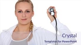  Presentation with minute - Amazing presentation design having one minute - blond girl in sportswear showing backdrop and a sky blue colored foreground