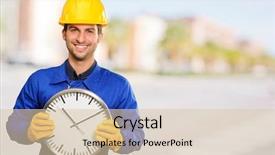  Presentation with clock - Colorful theme enhanced with one minute - happy engineer holding wall clock backdrop and a lemonade colored foreground