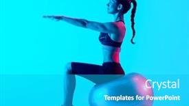  Presentation with pilates - PPT theme with one mixed races woman exercsing fitness pilates exercices isolated on blue blackground background and a teal colored foreground