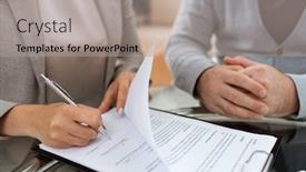  Presentation with negotiation - Colorful slide set enhanced with one of business partners putting signature on last page of financial contract after negotiation backdrop and a light gray colored foreground