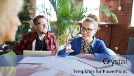  Presentation with successful - Slides enhanced with one of colleagues at meeting background and a  colored foreground