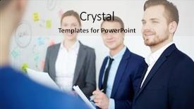  Presentation with employee of the month - Cool new slide set with moments at start-up meeting backdrop and a  colored foreground