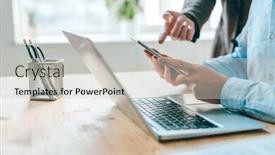  Presentation with gadget - Beautiful slide deck featuring one of contemporary designers pointing at mobile gadget held by his colleague over workplace during discussion or presentation backdrop and a light gray colored foreground