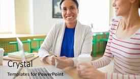  Presentation with managers - Beautiful PPT theme featuring one of female managers looking backdrop and a coral colored foreground