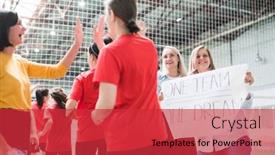  Presentation with football girls - Amazing PPT theme having one-of-girls-in-sports backdrop and a red colored foreground