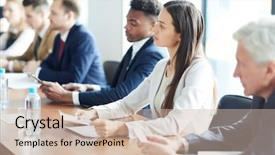  Presentation with summit - PPT theme having one of participants of summit background and a soft green colored foreground