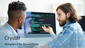  Presentation with computer software - Amazing PPT theme having one of software developers pointing backdrop and a light blue colored foreground