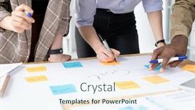  Presentation with notepaper - Slide deck having one-of-three-young-colleagues background and a sky blue colored foreground