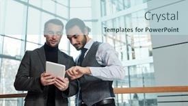  Presentation with electronic signature document automation - Presentation theme with one-of-two-young-businessmen background and a sky blue colored foreground