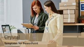  Presentation with storage - Slide set having one-of-two-young-female background and a coral colored foreground