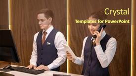  Presentation with consulting - Slide deck with one-of-two-young-hotel background and a tawny brown colored foreground