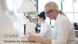  Presentation with factory machine - Slide deck enhanced with one-of-young-beautiful-seamstresses background and a soft green colored foreground