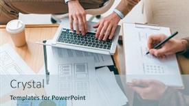  Presentation with software - PPT theme featuring one of young programmers or software developers typing on laptop keypad while his colleague making sketches of interface background and a lemonade colored foreground