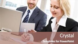  Presentation with workplace - Presentation theme featuring one one - businessmen and businesswoman background and a coral colored foreground