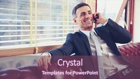  Presentation with phone - Cool new presentation theme with one one - happy businessman sitting and talking backdrop and a violet colored foreground