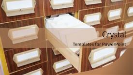  Presentation with wooden - Cool new PPT layouts with one opened drawer in library backdrop and a coral colored foreground