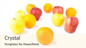  Presentation with orange fruit - Theme featuring one orange inf focus and fruit mix blurred background and a blonde colored foreground