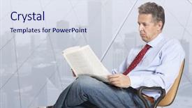  Presentation with reading and writing - PPT theme with one page newsletter - businessman sitting on chair reading background and a sky blue colored foreground