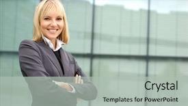  Presentation with young business woman smile show - PPT theme featuring one person company - attractive young business woman background and a light gray colored foreground