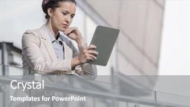  Presentation with using digital tablet - Colorful presentation design enhanced with one person company - beautiful young businesswoman using digital backdrop and a gray colored foreground