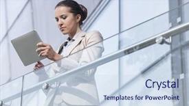  Presentation with digital pedagogy - Cool new presentation theme with one person company - beautiful young businesswoman using digital backdrop and a sky blue colored foreground