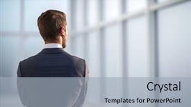  Presentation with rear view of bodyguard - Colorful slides enhanced with one person company - rear view businessman standing near backdrop and a light blue colored foreground