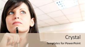  Presentation with pen and a book - Slide deck having one person company - thoughtful businesswoman holding a pen background and a lemonade colored foreground