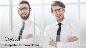  Presentation with five business people standing together and smiling - Presentation theme enhanced with one person company - two serious business people standing background and a light gray colored foreground