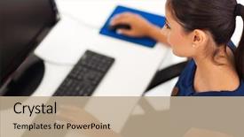  Presentation with young - PPT layouts consisting of one person company - young businesswoman typing background and a coral colored foreground