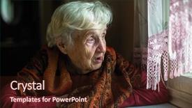  Presentation with elderly woman in nursing - Slides consisting of one sad happy face - elderly woman sitting background and a wine colored foreground