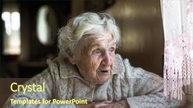  Presentation with gray - Cool new presentation theme with one sad happy face - gray-haired elderly woman looks backdrop and a tawny brown colored foreground