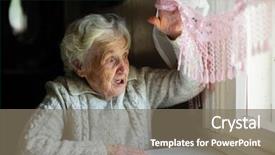  Presentation with doctor helps to get out of bed an elderly woman - Beautiful slide deck featuring one sad happy face - gray-haired elderly woman looks backdrop and a gray colored foreground